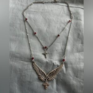 Silver Wing Pendant Necklace with Red Accents
